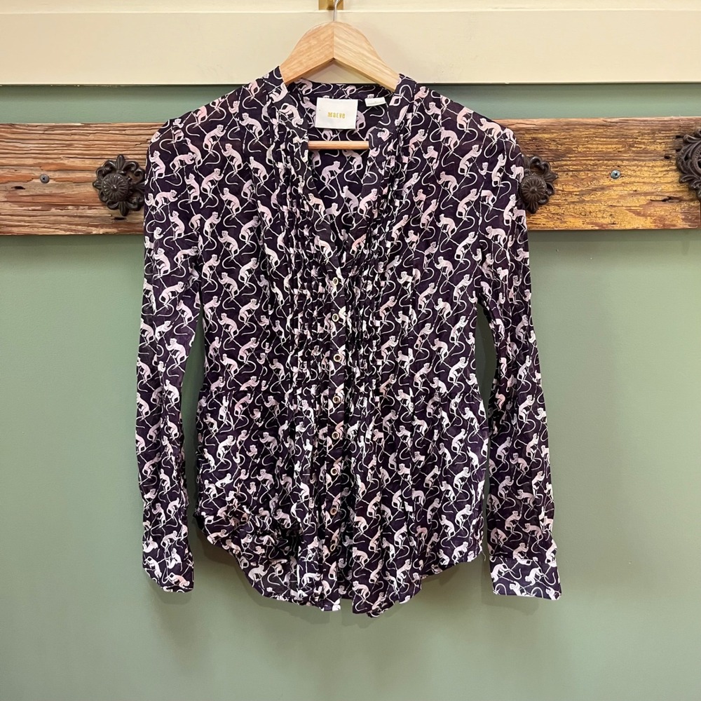 Maeve Anthropologie Monkey Print Ruffle Pintuck Button Down Blouse Purple Size 6